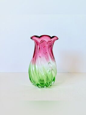 Vintage Teleflora Watermelon Swirl Hand Blown Art Glass Vase Ruffled